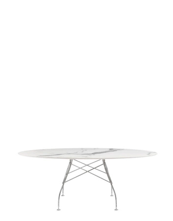 Glossy Marble Oval 192x118 cm Chrome White Table